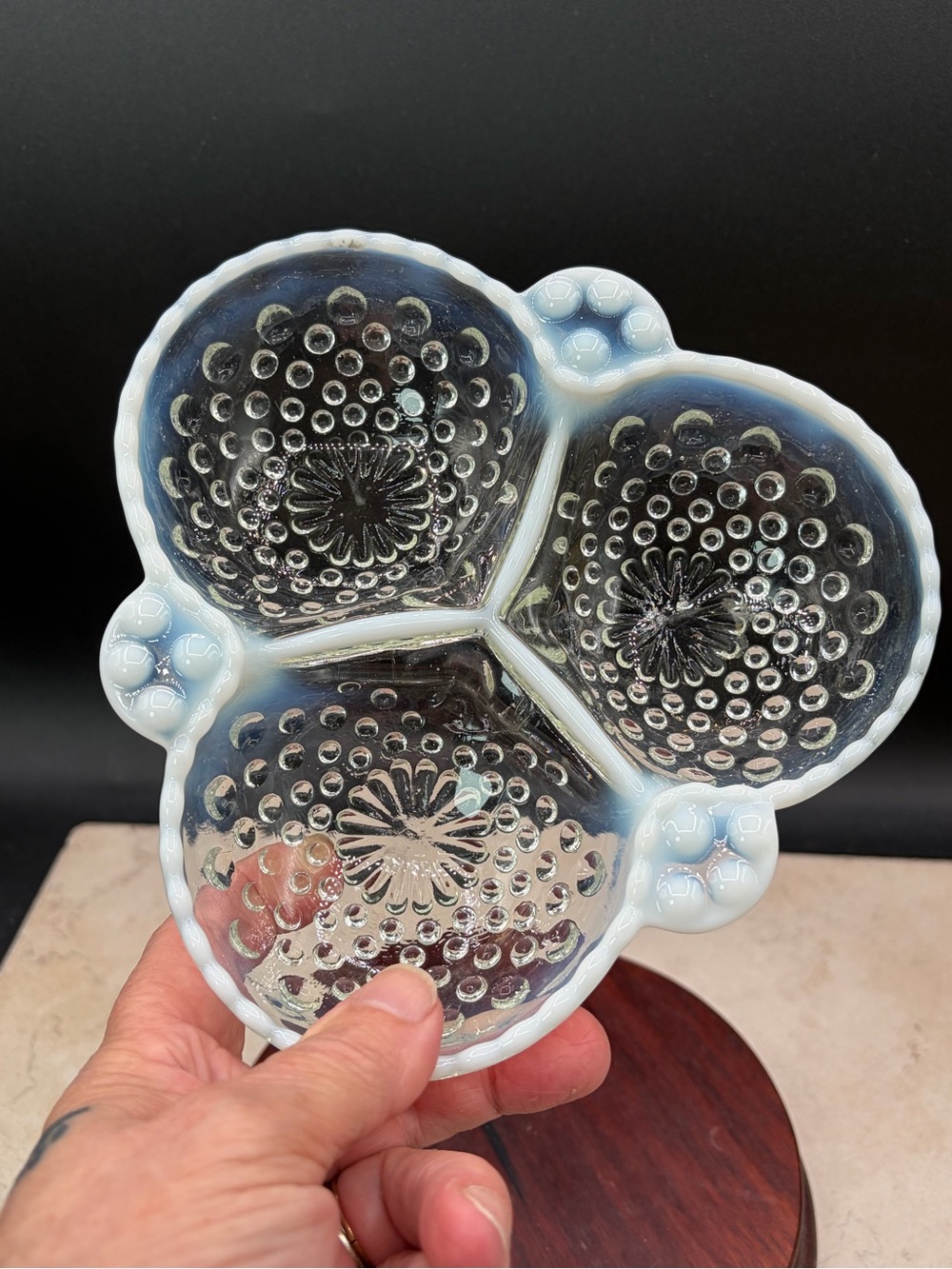 Vintage 1940s Fenton French Opalescent Hobnail Cloverleaf Relish Bowl MCM